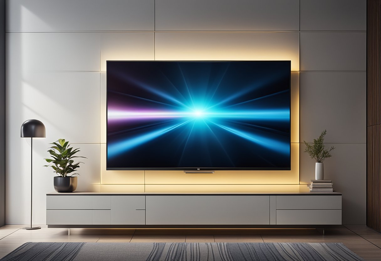 A sleek LCD panel mounted on the bedroom wall, emitting a soft glow, with a modern and minimalist design