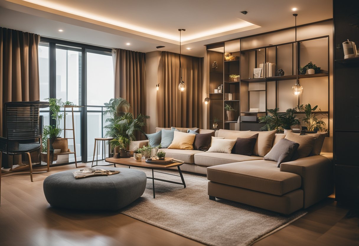 A cozy 2 room HDB interior with modern furniture, warm lighting, and a neutral color palette