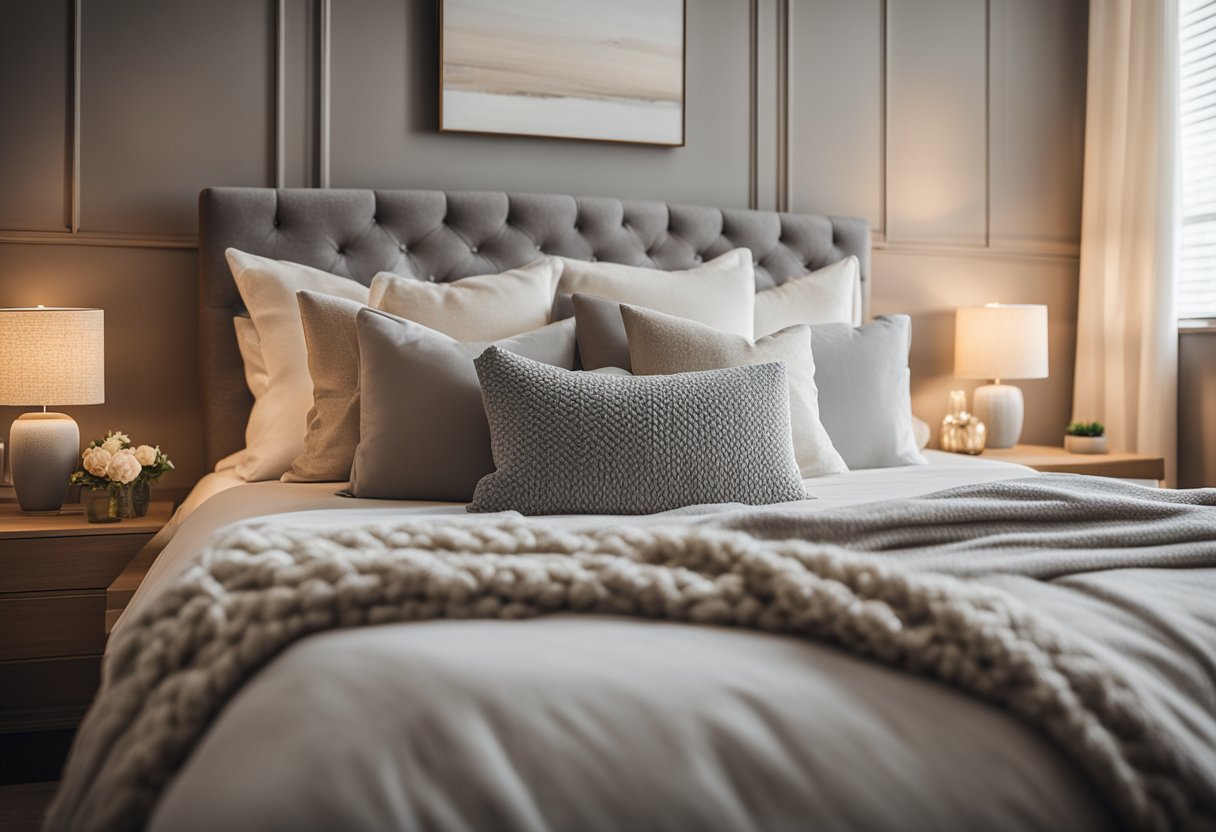 A cozy bedroom with matching furniture, soft lighting, and neutral colors. Decorative pillows and a throw blanket add a touch of comfort