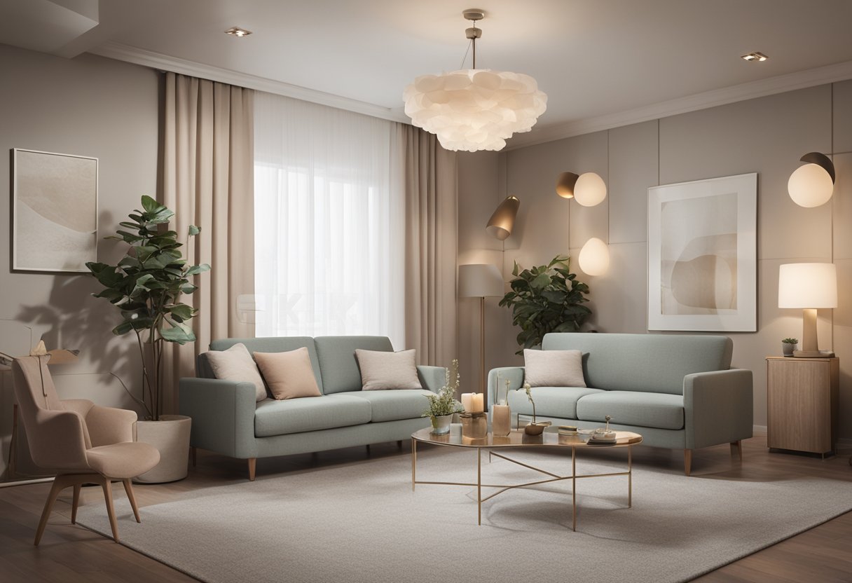 A sensory-friendly room with soft, muted colors and cozy furniture. Textured walls and calming lighting create a peaceful atmosphere. A variety of sensory tools and comfortable seating options cater to different needs