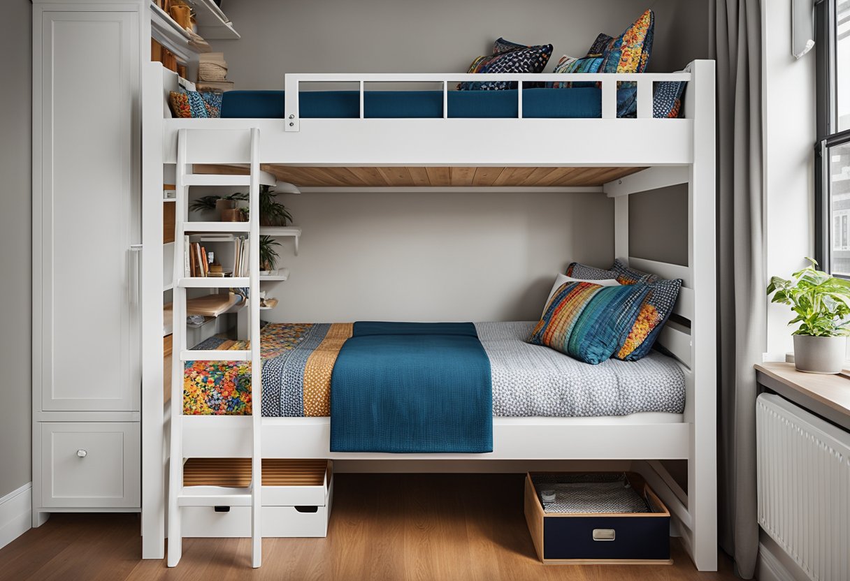 A bunk bed fills a cozy bedroom, with colorful bedding and practical storage underneath. A desk and shelves maximize space and functionality