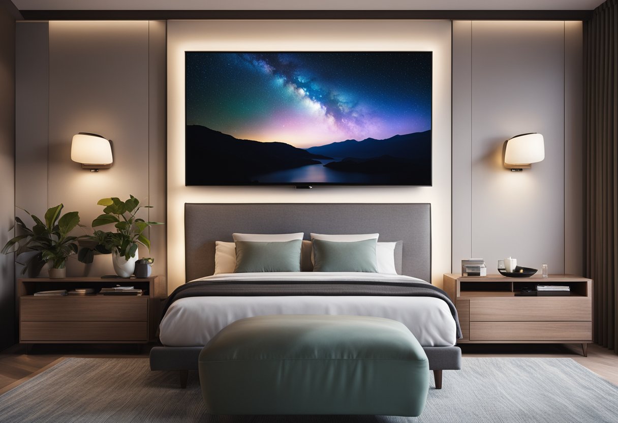 A cozy bedroom with a modern LCD design mounted on the wall, surrounded by comfortable furniture and soft lighting