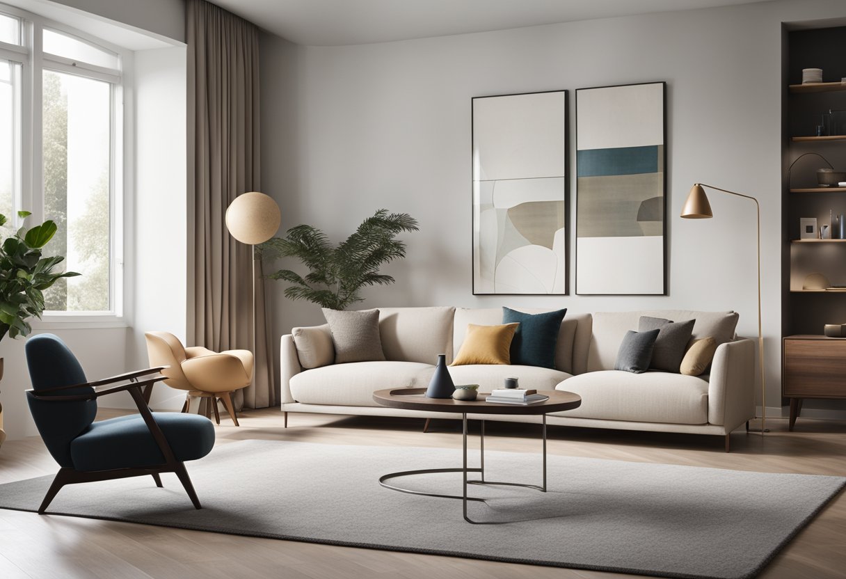 A sleek, minimalist living room with clean lines, neutral colors, and pops of vibrant accent pieces. A wall adorned with a gallery of abstract art and a cozy reading nook with a statement armchair and floor lamp
