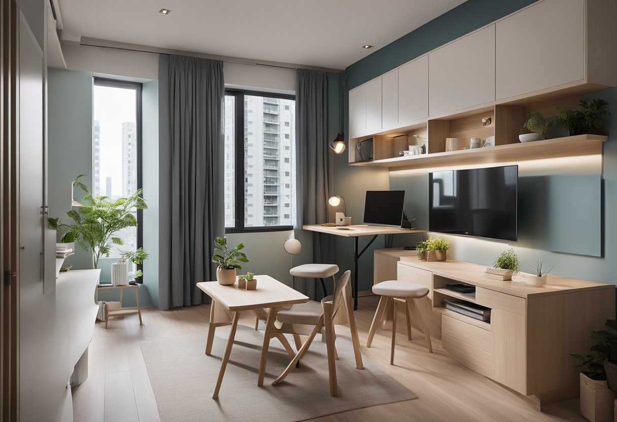 A 2-room HDB flat with clever space-saving solutions: foldable furniture, wall-mounted storage, and a minimalist color scheme to create an open and airy feel