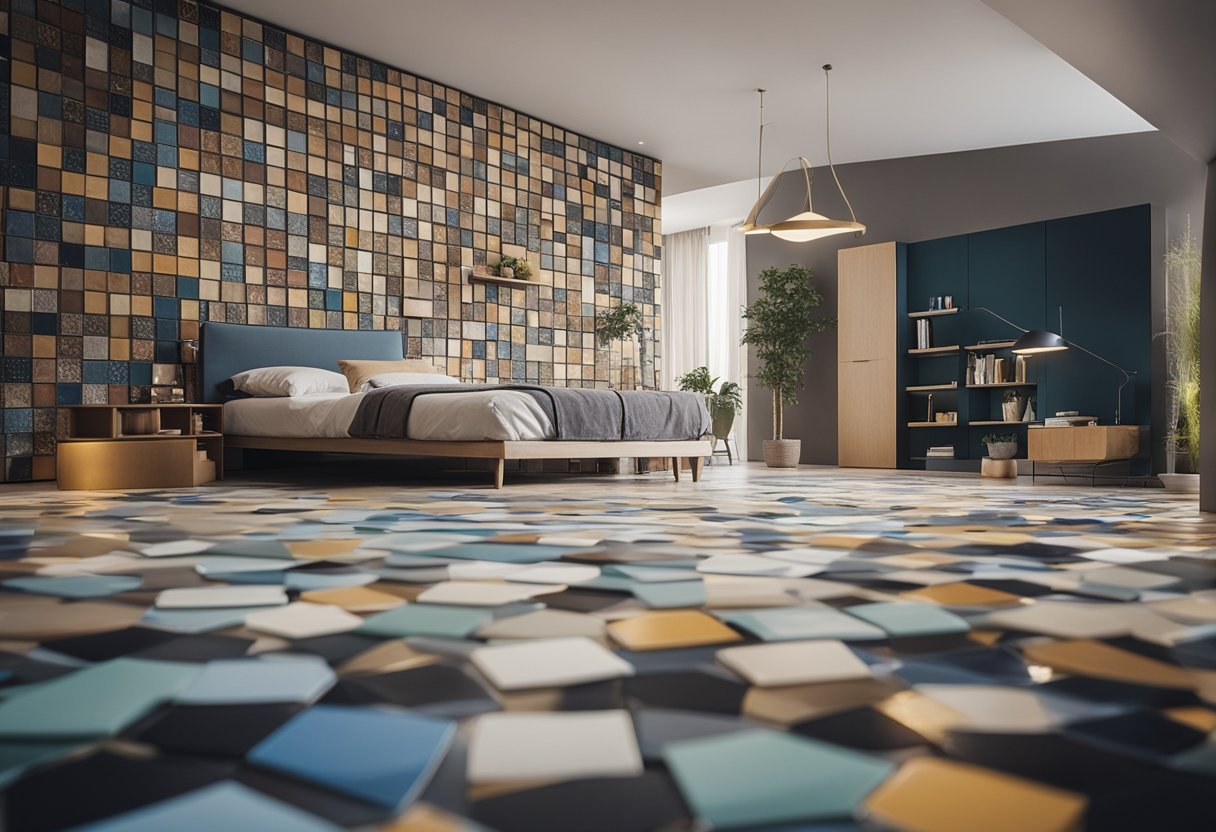 A bedroom with various tile samples spread out on the floor, a person holding up different tiles to the wall to compare colors and patterns