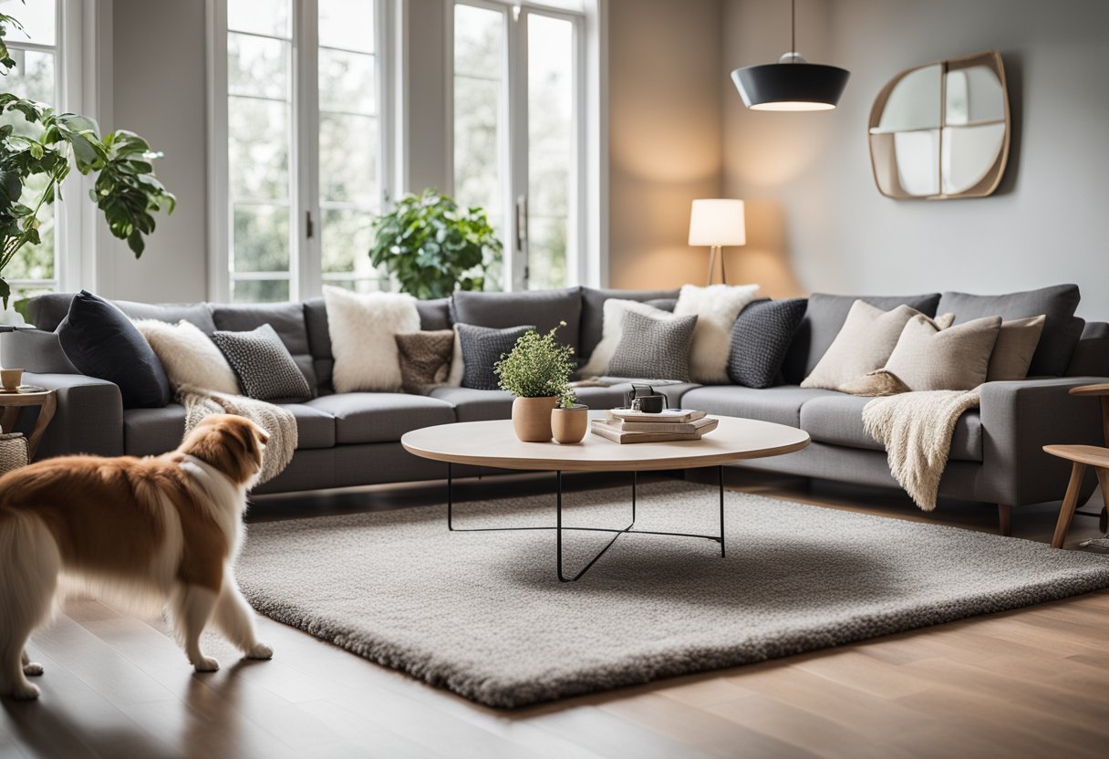 A cozy living room with pet-friendly features: a soft, washable rug, scratch-resistant furniture, and plenty of natural light for pets to bask in