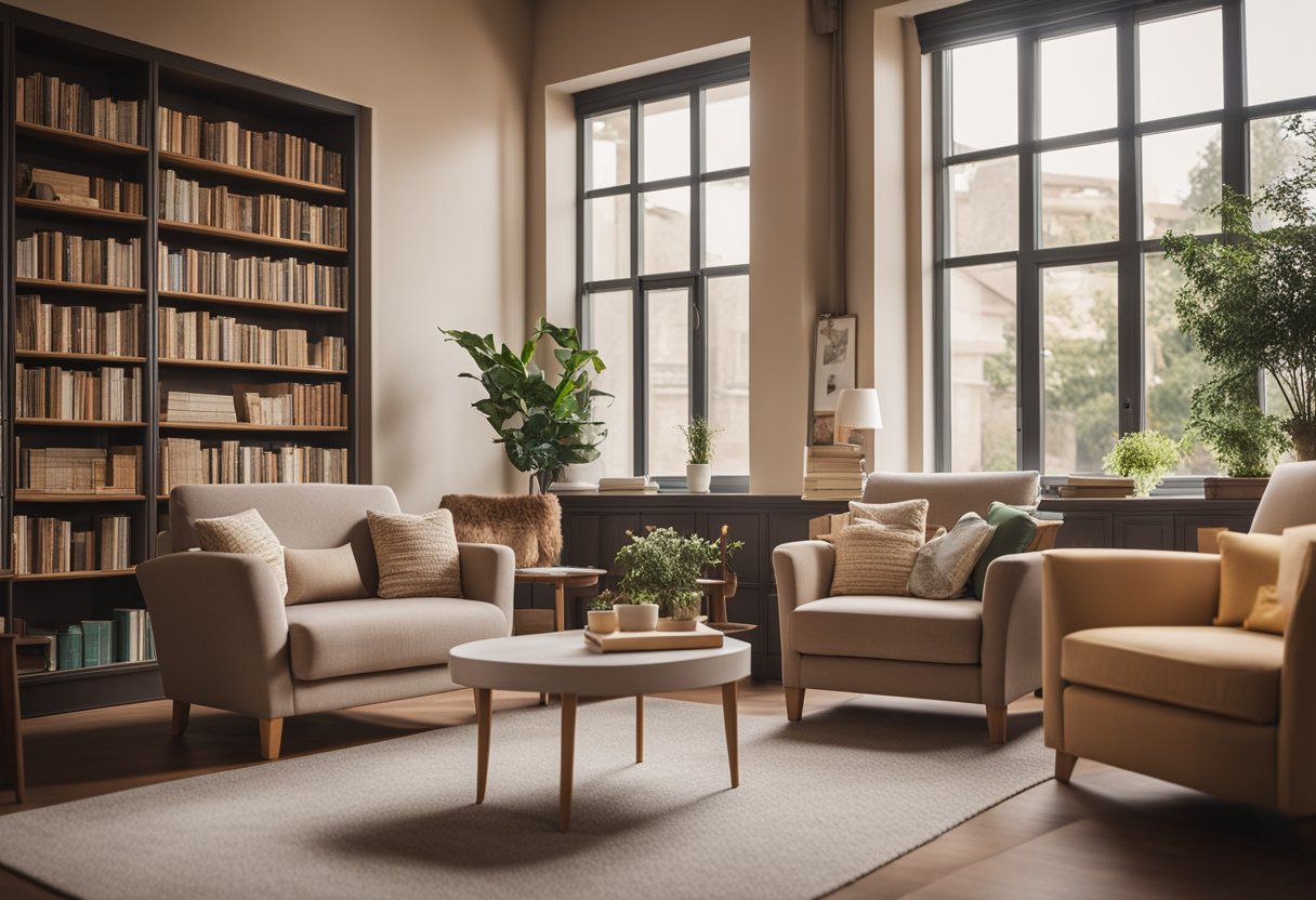 A cozy nursing home interior with warm lighting, comfortable armchairs, and cheerful wall art. A bookshelf filled with books and a large window letting in natural light