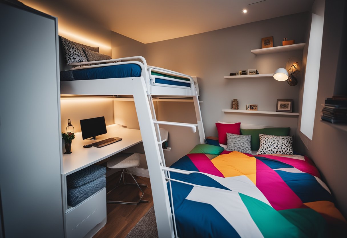 A cozy bunk bed bedroom with colorful bedding, built-in storage, and a small desk area for studying