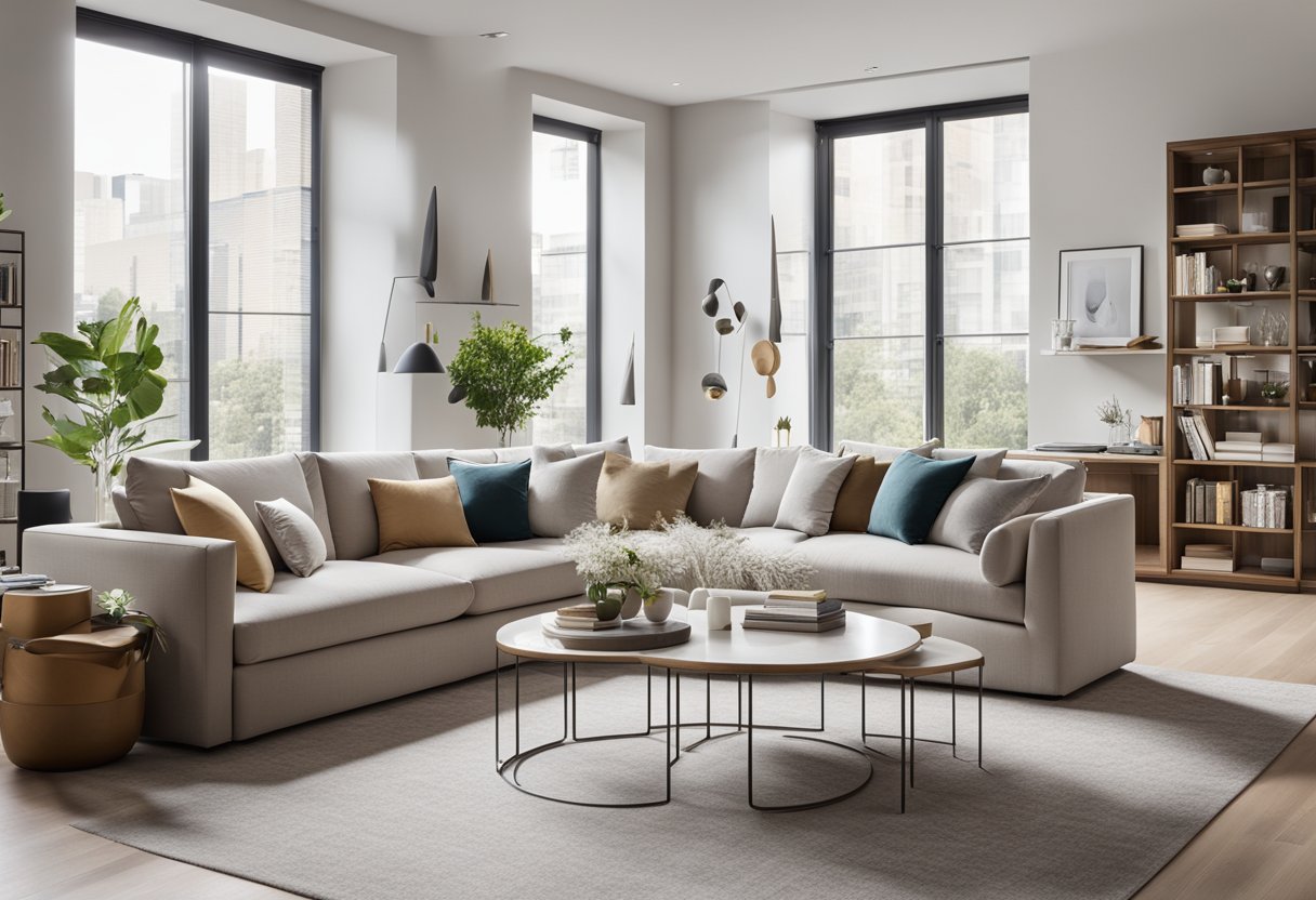 A spacious living room with modern furniture, large windows, and a neutral color palette. A cozy reading nook with a plush armchair and a floor-to-ceiling bookshelf. A sleek kitchen with marble countertops and a large island for entertaining