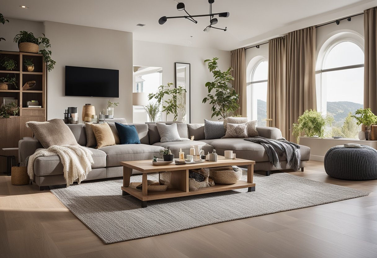 A cozy living room with pet-friendly furniture and easy-to-clean flooring, featuring built-in pet beds and storage for toys and supplies