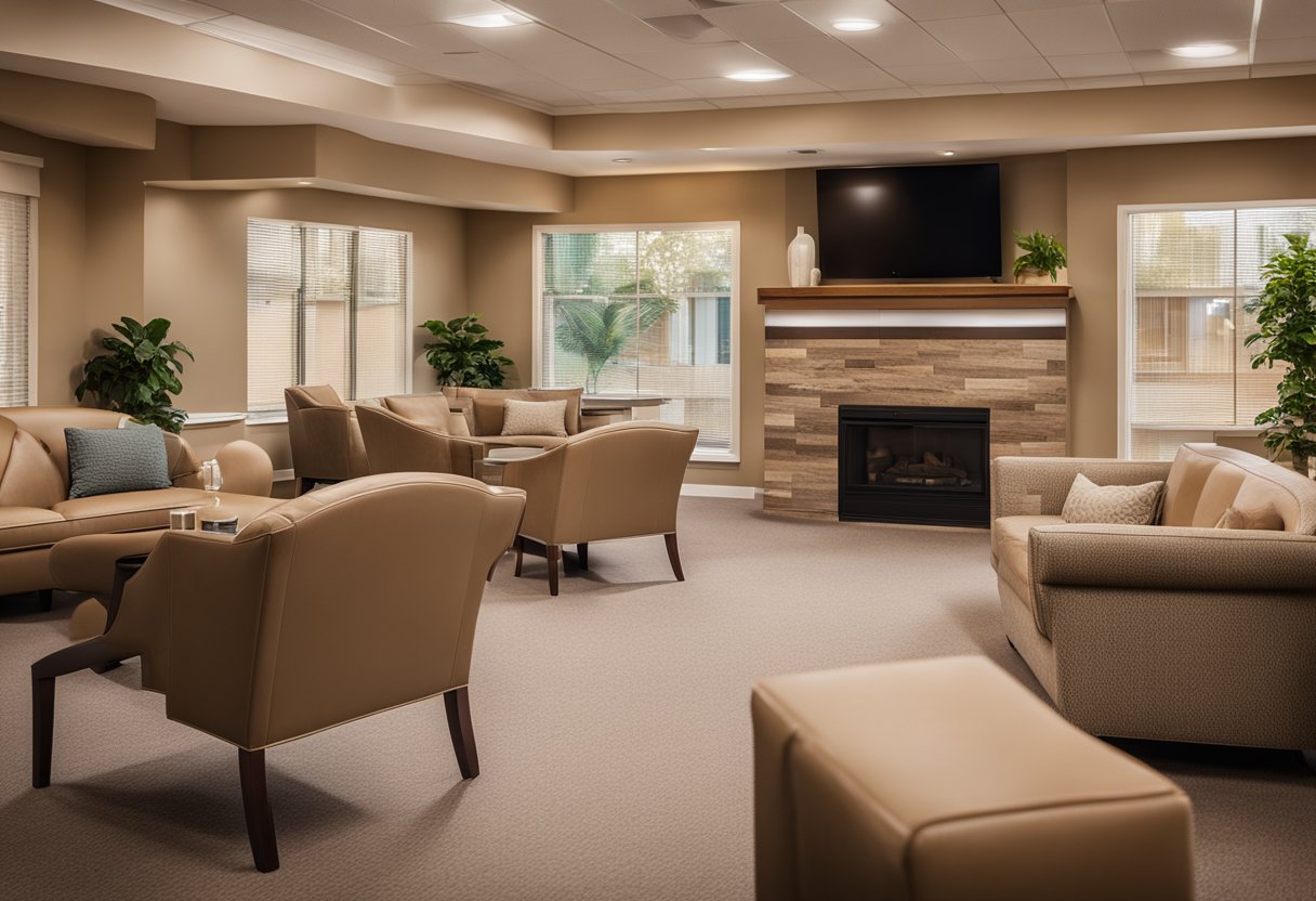 A cozy nursing home lounge with warm, neutral colors, comfortable seating, soft lighting, and accessible amenities for elderly residents