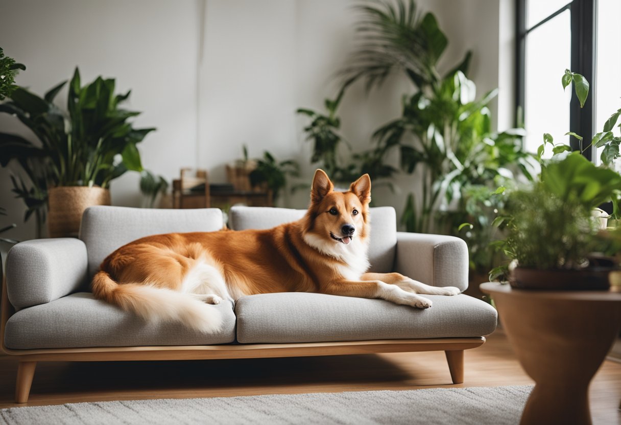 A cozy living room with pet-friendly furniture, a scratch-resistant sofa, and non-toxic plants. A playful dog and a content cat lounge in the sunlit space
