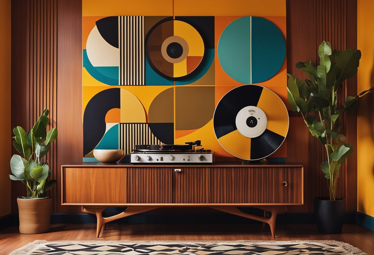 A sleek, mid-century modern living room with geometric patterns, bold colors, and vintage furniture. A record player sits on a teak sideboard, while a shag rug and abstract art complete the look