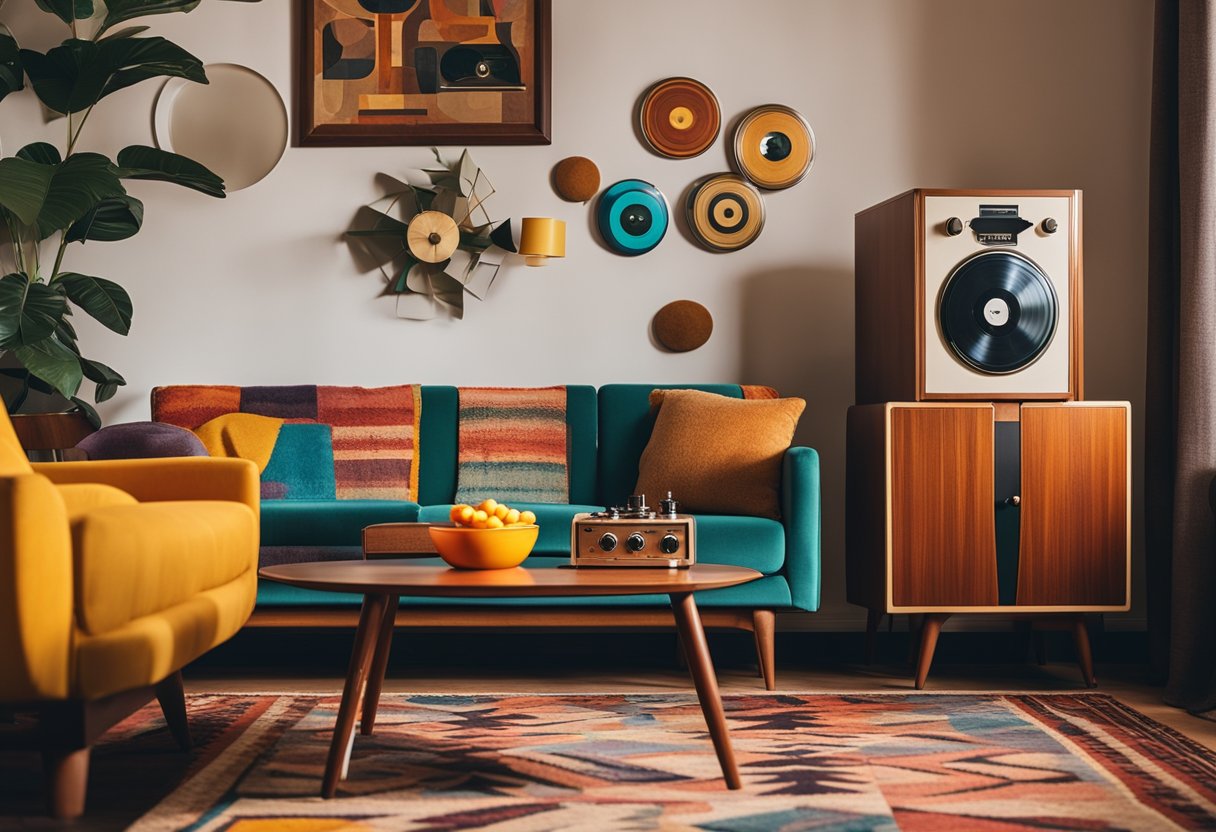 A cozy living room with vintage furniture, bold geometric patterns, and vibrant colors. A record player sits on a retro sideboard, while a lava lamp adds a groovy touch