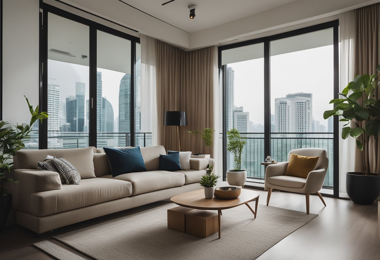 A cozy Singapore small condo interior with modern furniture, a neutral color palette, and natural light streaming in through the large windows