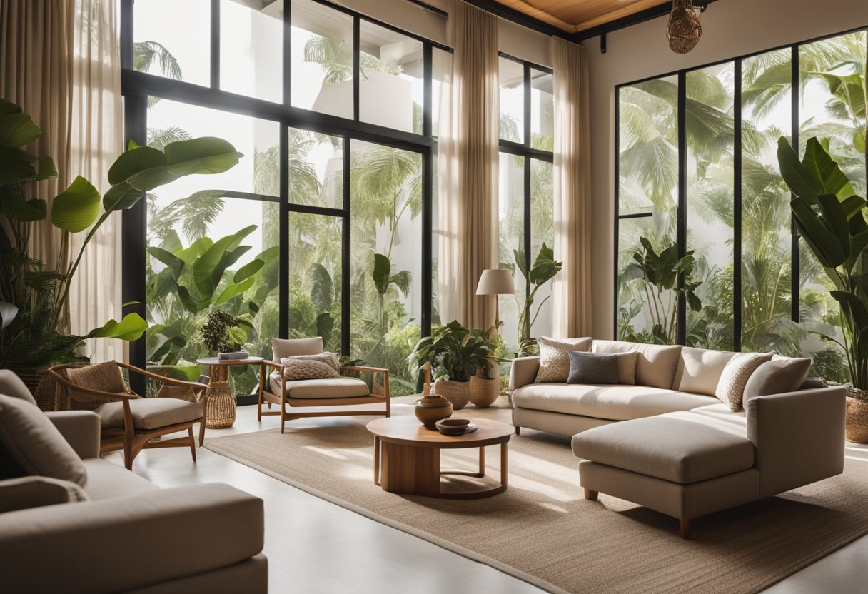 A spacious, airy living room with high ceilings and large windows, adorned with tropical plants and light, breezy curtains. Comfortable, modern furniture in natural tones complements the relaxed, resort-style ambiance