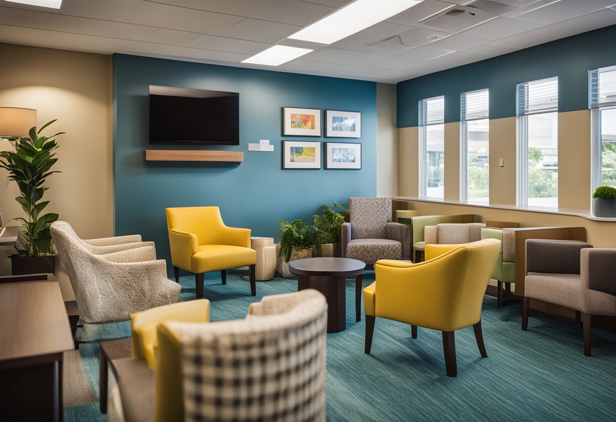 A bright and welcoming nursing home common area with comfortable seating, colorful artwork, and easy-to-navigate signage