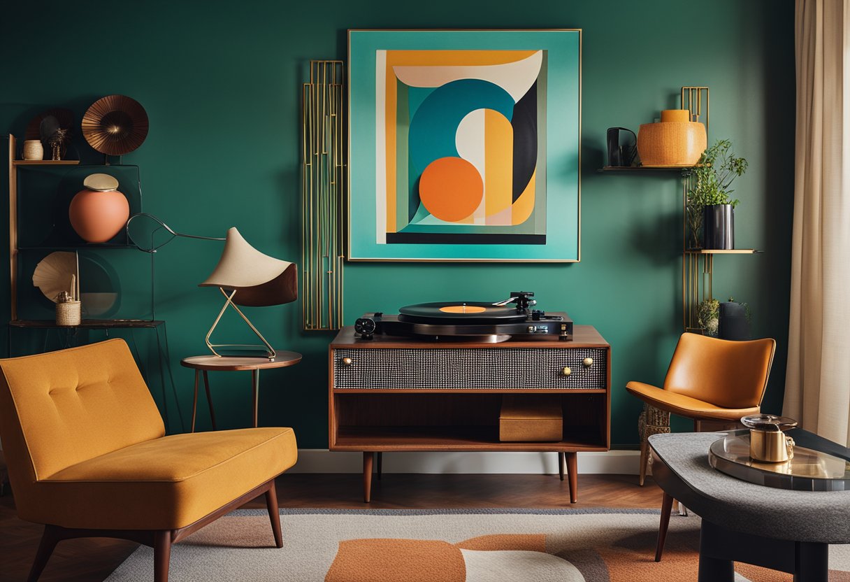 A sleek, mid-century modern living room with vibrant colors, geometric patterns, and retro furniture. A record player sits on a vintage bar cart, while a bold, abstract art piece adorns the wall