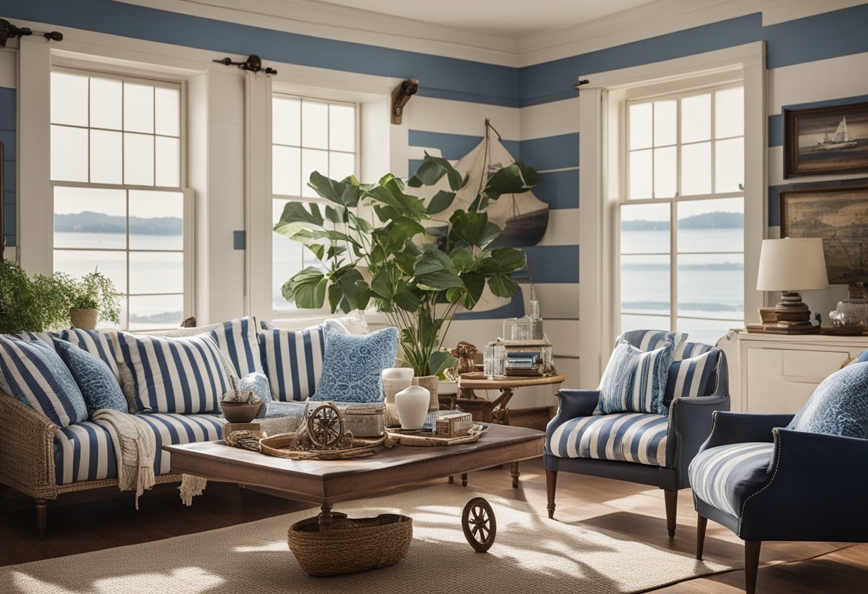 A cozy living room with blue and white striped cushions, a ship wheel as wall decor, and a vintage map as a focal point