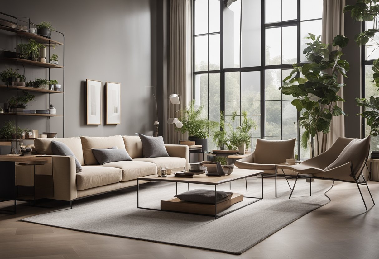 A square living room with modern furniture, a large window letting in natural light, and a neutral color scheme