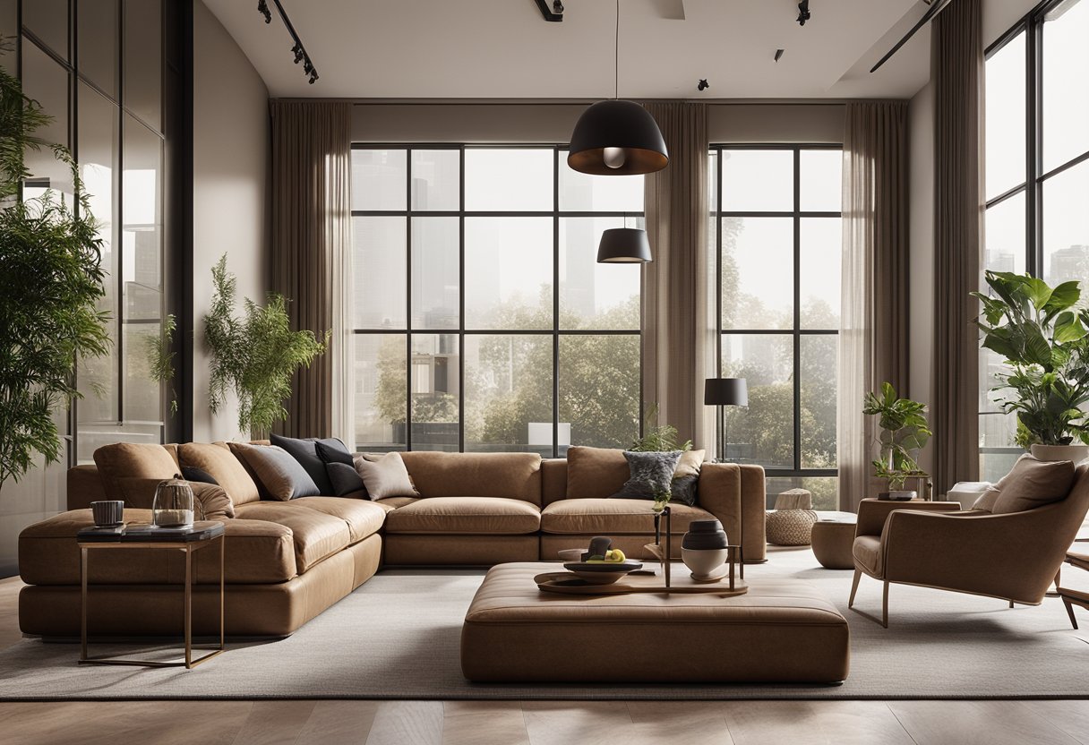 A spacious living room with high ceilings, large windows, and modern furniture arranged in a comfortable and inviting layout. Rich textures and earthy tones create a warm and luxurious atmosphere