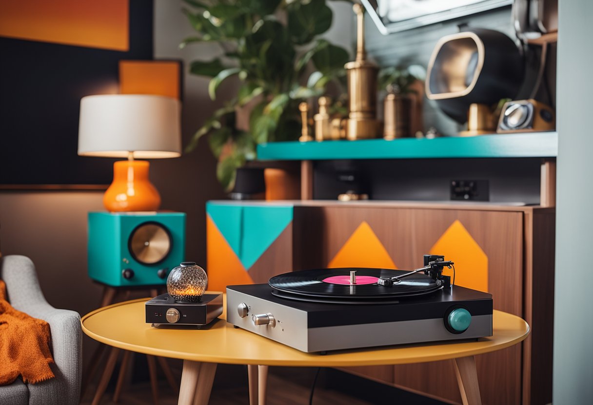 A cozy living room with vintage furniture, geometric patterns, and bold colors. A record player sits on a retro side table, while a lava lamp adds a fun pop of nostalgia