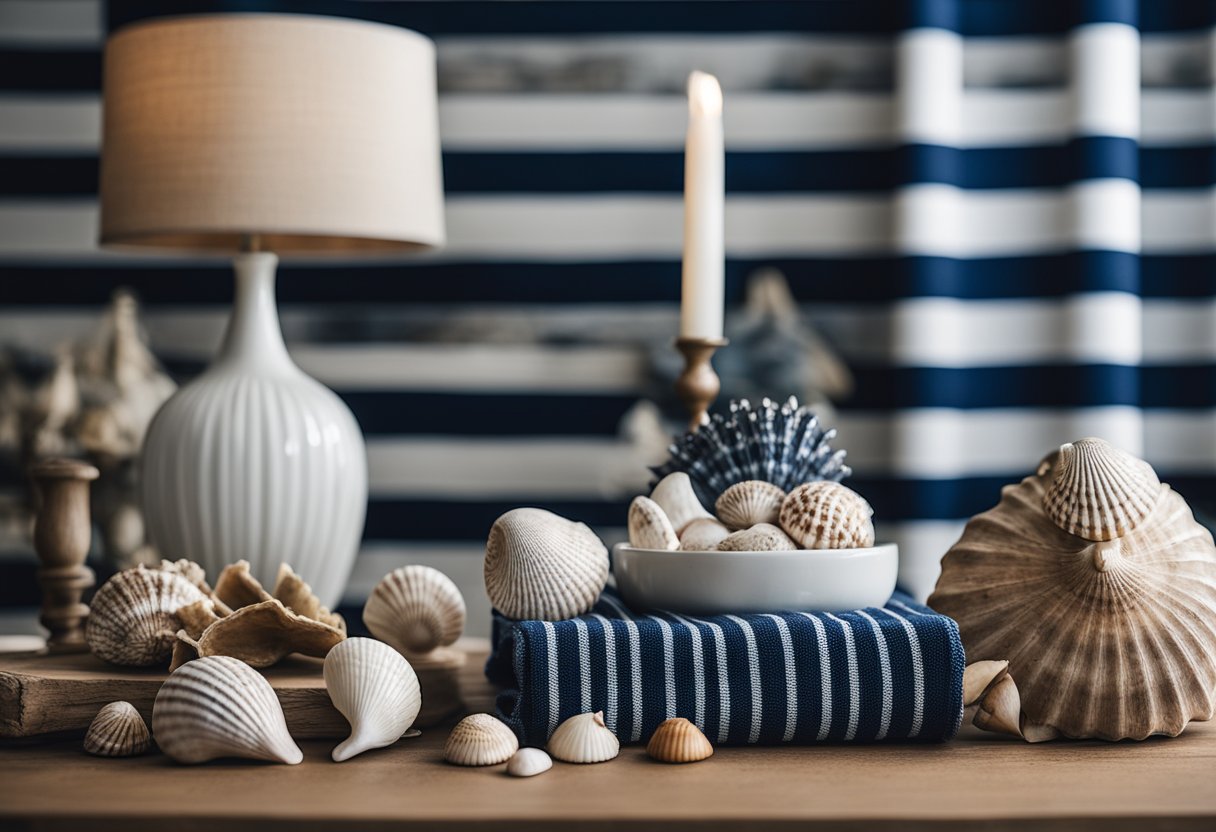 A cozy living room with navy blue and white striped curtains, a weathered wooden coffee table, and a collection of seashells and driftwood decor