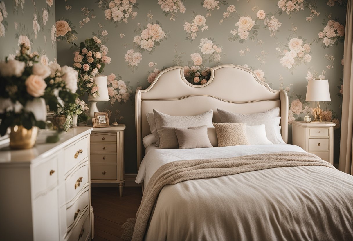 A cozy, classic bedroom with a four-poster bed, floral wallpaper, a vintage dresser, and a soft, neutral color palette