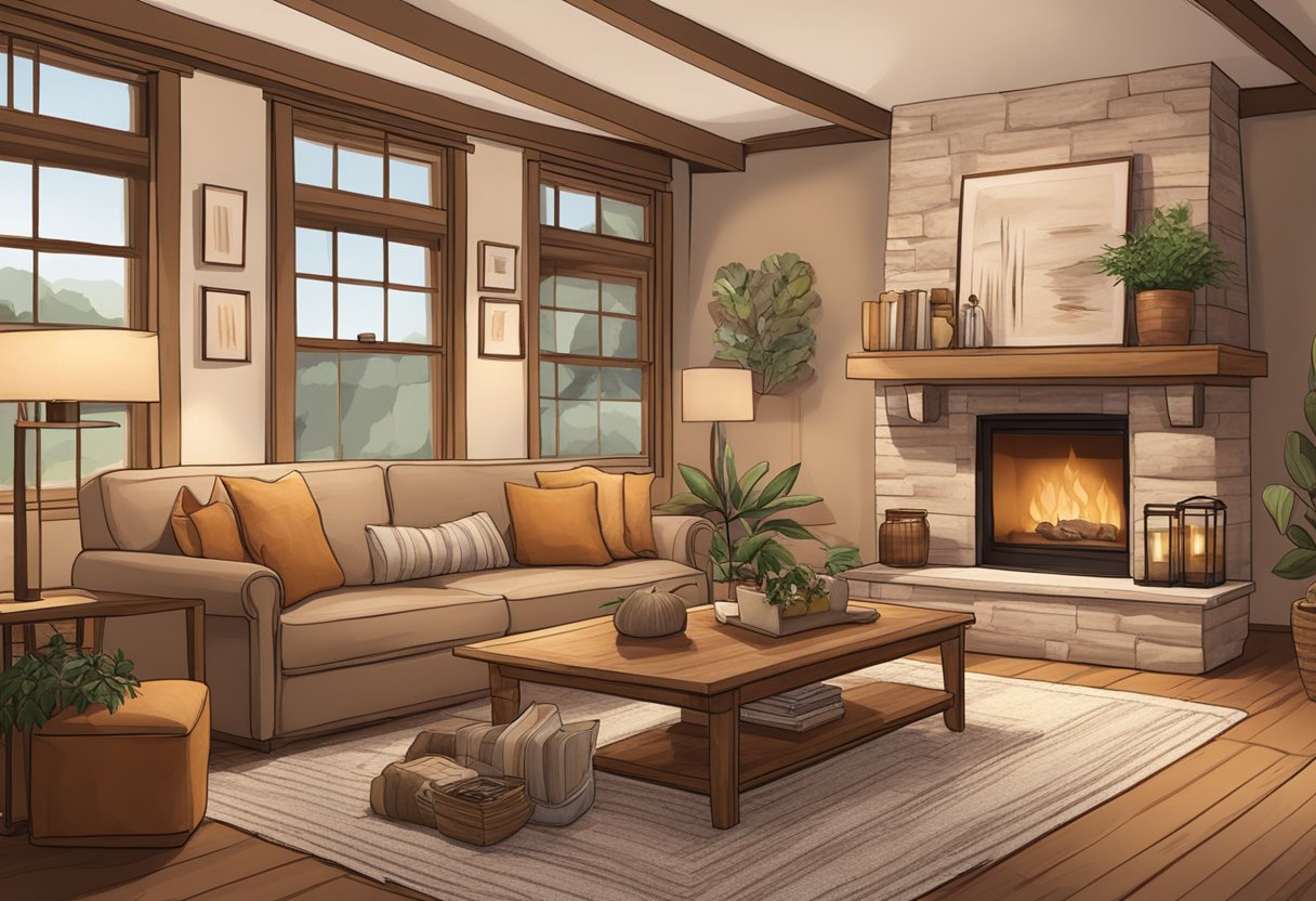 A cozy living room with warm, earthy tones, soft lighting, and plush furniture. Natural textures like wood and woven fabrics add a touch of rustic charm. A fireplace crackles in the background, creating a cozy ambiance