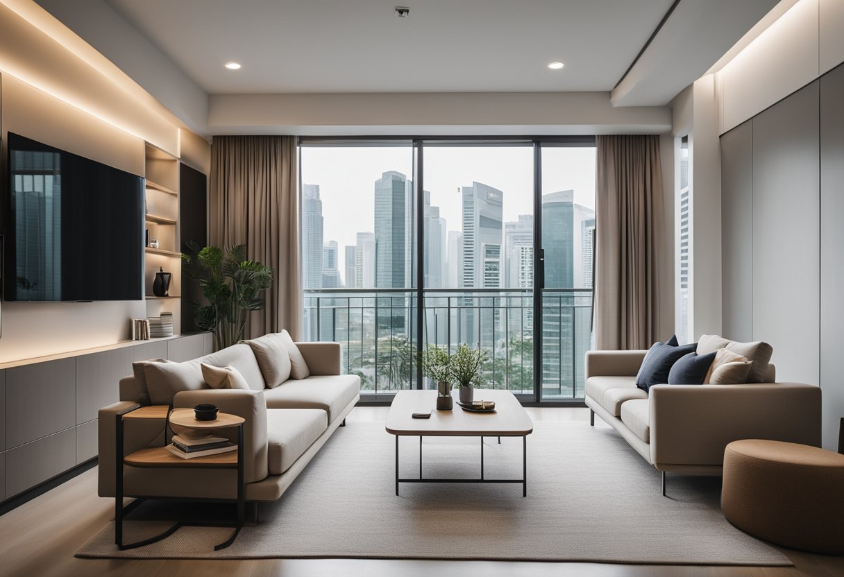 A cozy Singapore condo with modern, minimalist design. Neutral colors, sleek furniture, and smart space-saving solutions. Inspirations from Asian aesthetics and urban living