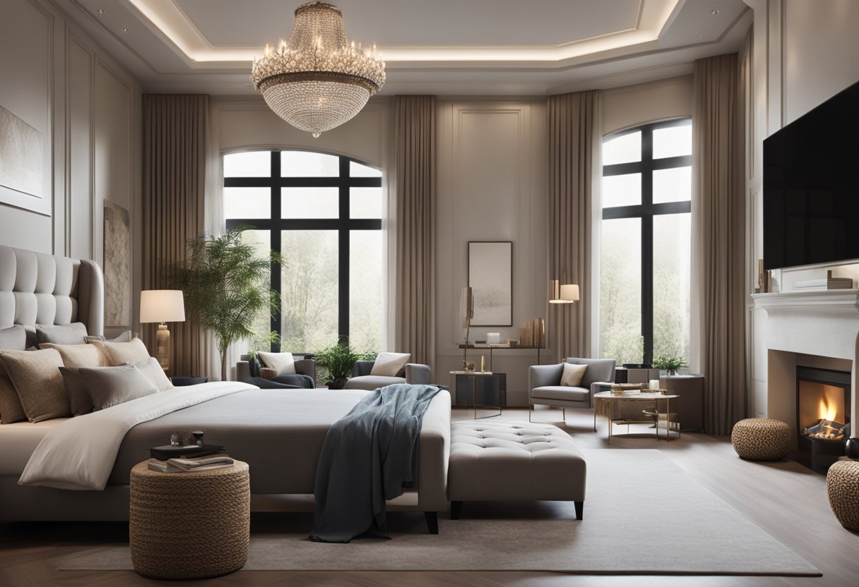 A spacious master bedroom with high ceilings, large windows, and a cozy sitting area by the fireplace. Elegant furniture and soft lighting create a luxurious and relaxing atmosphere