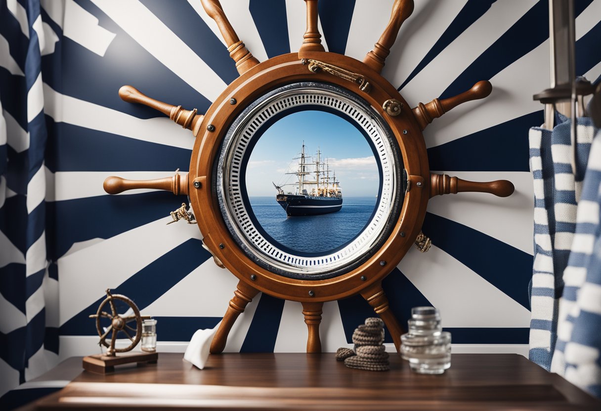 A room with navy blue and white striped walls, a ship wheel hanging on the wall, a rope rug, and a porthole-style mirror