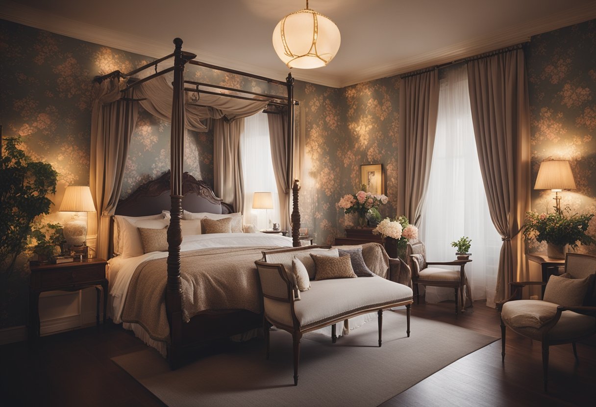 A cozy bedroom with a four-poster bed, floral wallpaper, and antique furniture. Soft, warm lighting creates a peaceful atmosphere