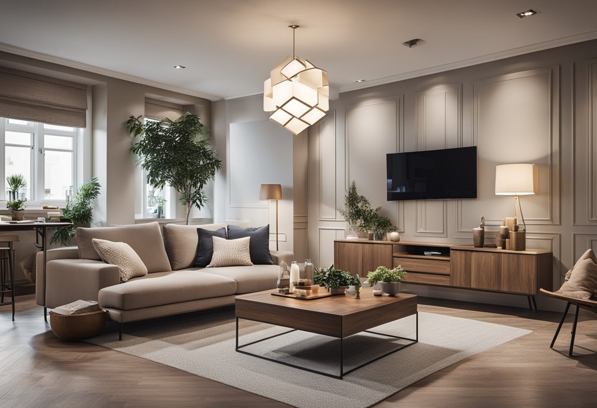 A square living room with cleverly arranged furniture to maximize space. Neutral colors and strategic lighting create a cozy yet spacious atmosphere