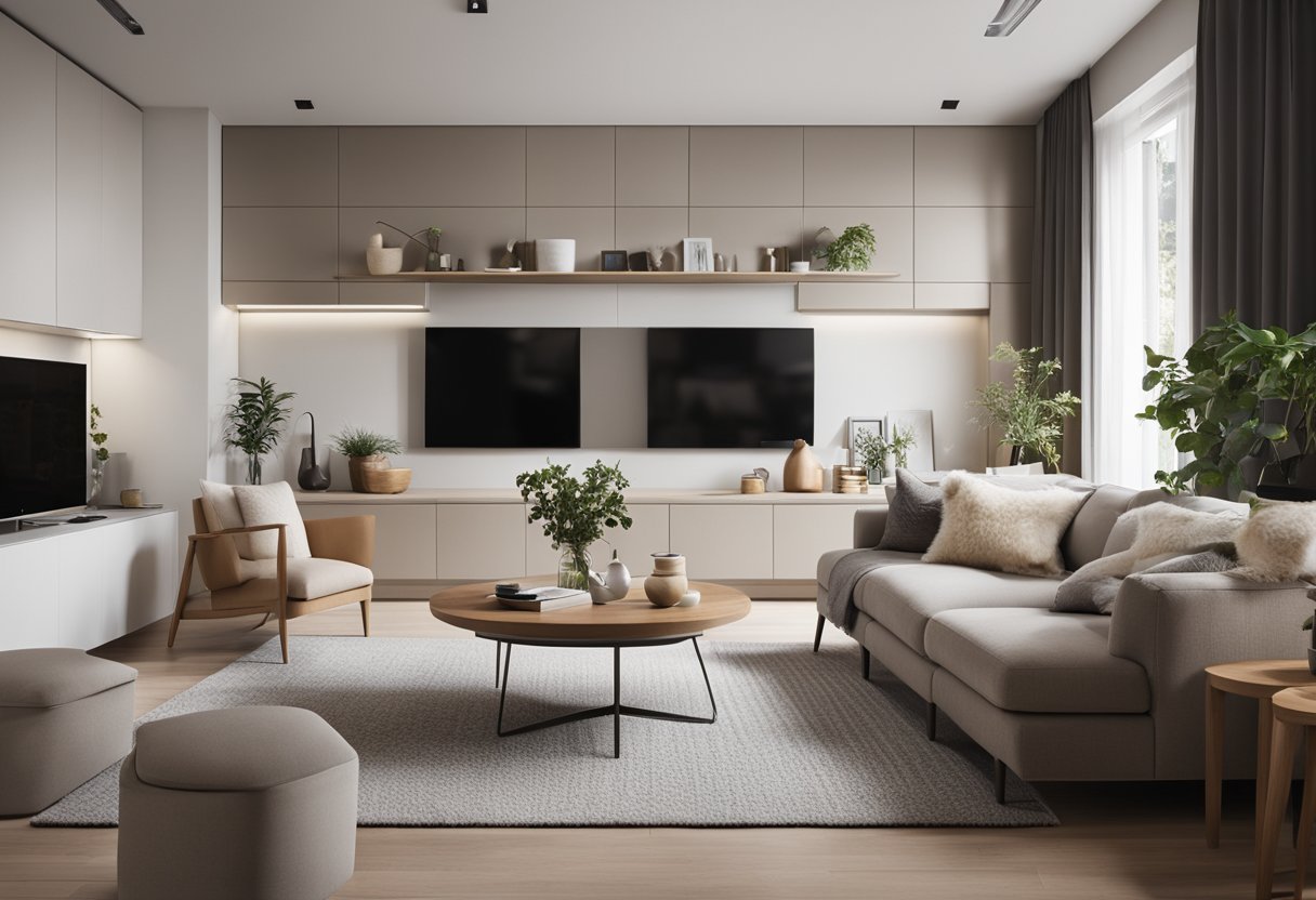 A cozy living room with a sleek, space-saving furniture layout and a neutral color palette. A small dining area is adjacent, with a modern kitchen in the background