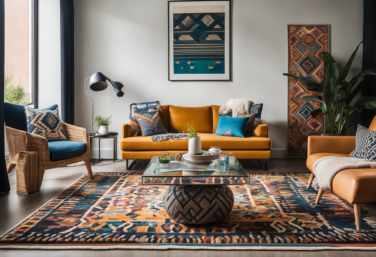 A square living room with bold colors, geometric patterns, and eye-catching artwork. A statement rug and vibrant throw pillows add visual interest