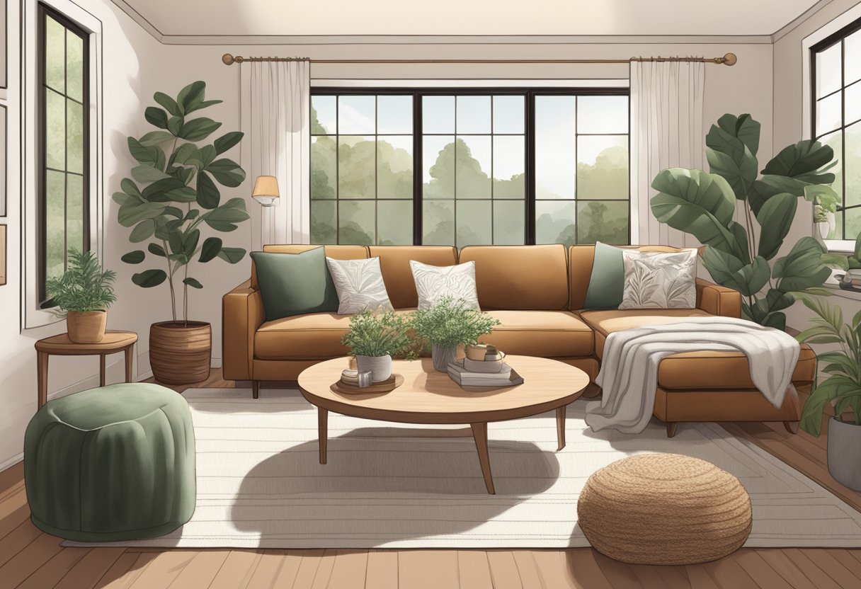 A cozy living room with warm, earthy tones, soft textures, and natural elements like wood and greenery. A large, comfortable sofa is surrounded by plush pillows and throws, creating a welcoming and relaxed atmosphere