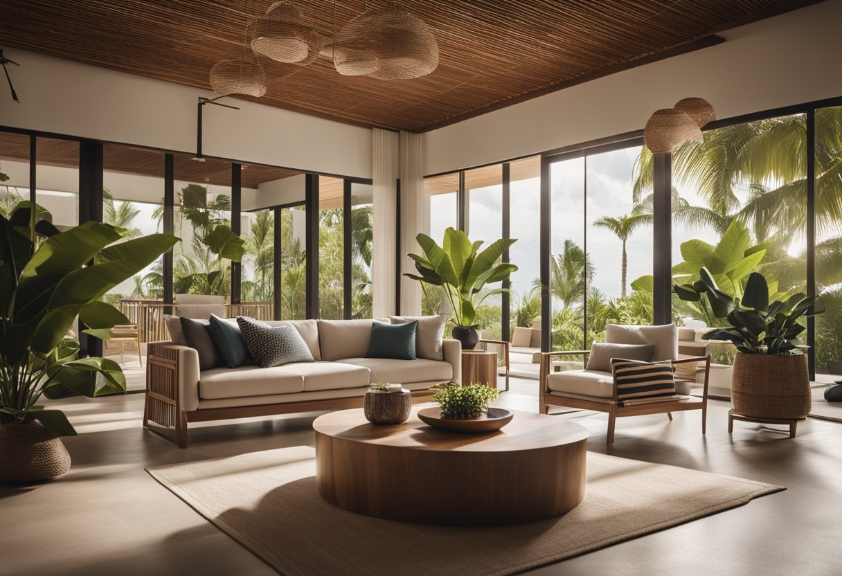 A luxurious resort-style interior with modern furniture, tropical plants, and a neutral color palette. A large, open living space with natural light and a seamless connection to the outdoor area