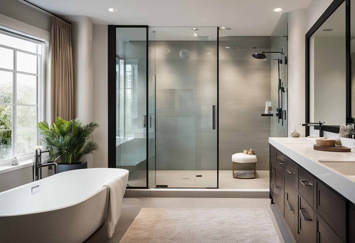 A spacious master bedroom bathroom with a modern freestanding bathtub, a sleek double vanity, and a large walk-in shower with glass doors