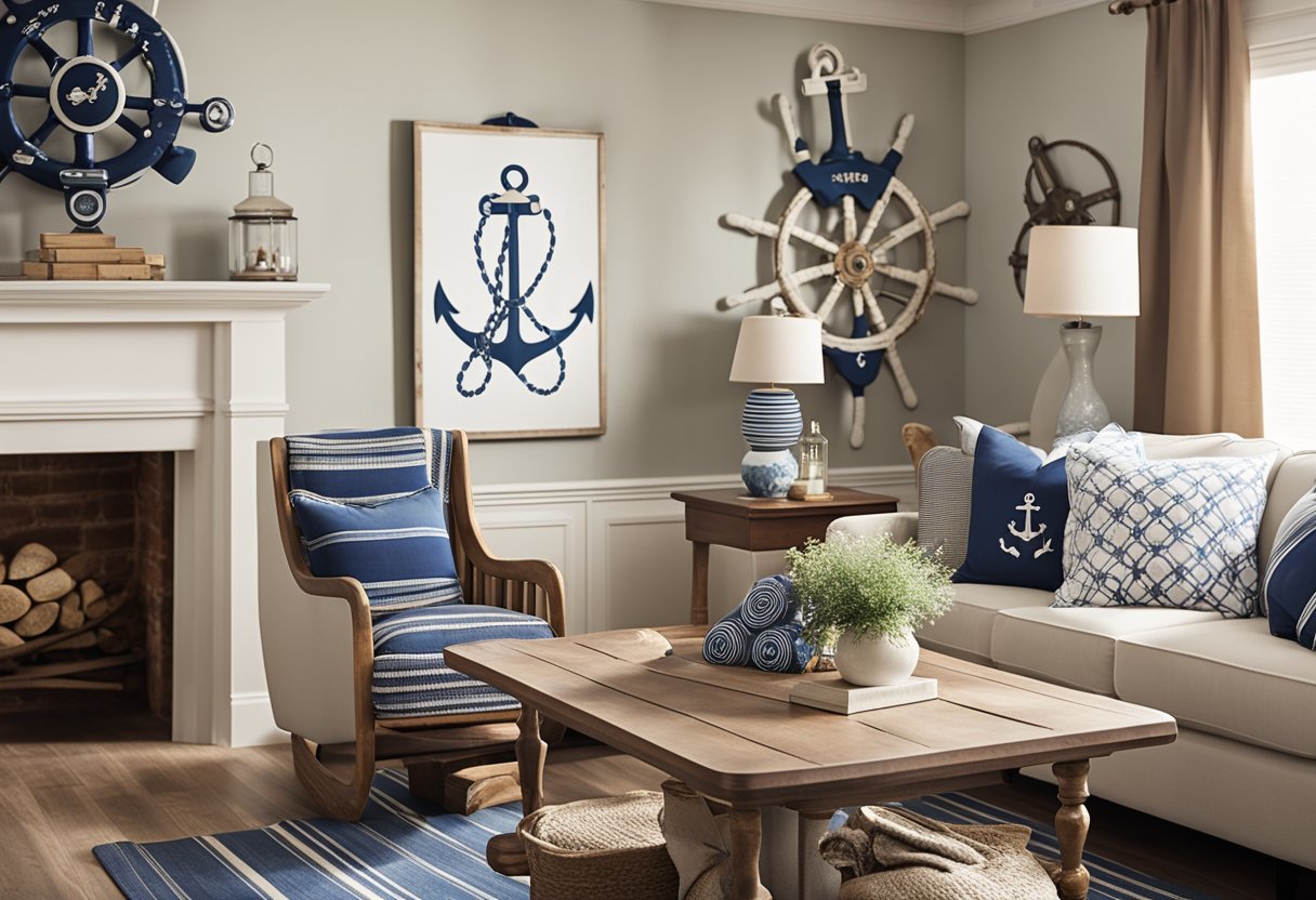 A cozy nautical-themed living room with blue and white striped accents, a ship wheel wall decor, and a vintage anchor displayed as a centerpiece