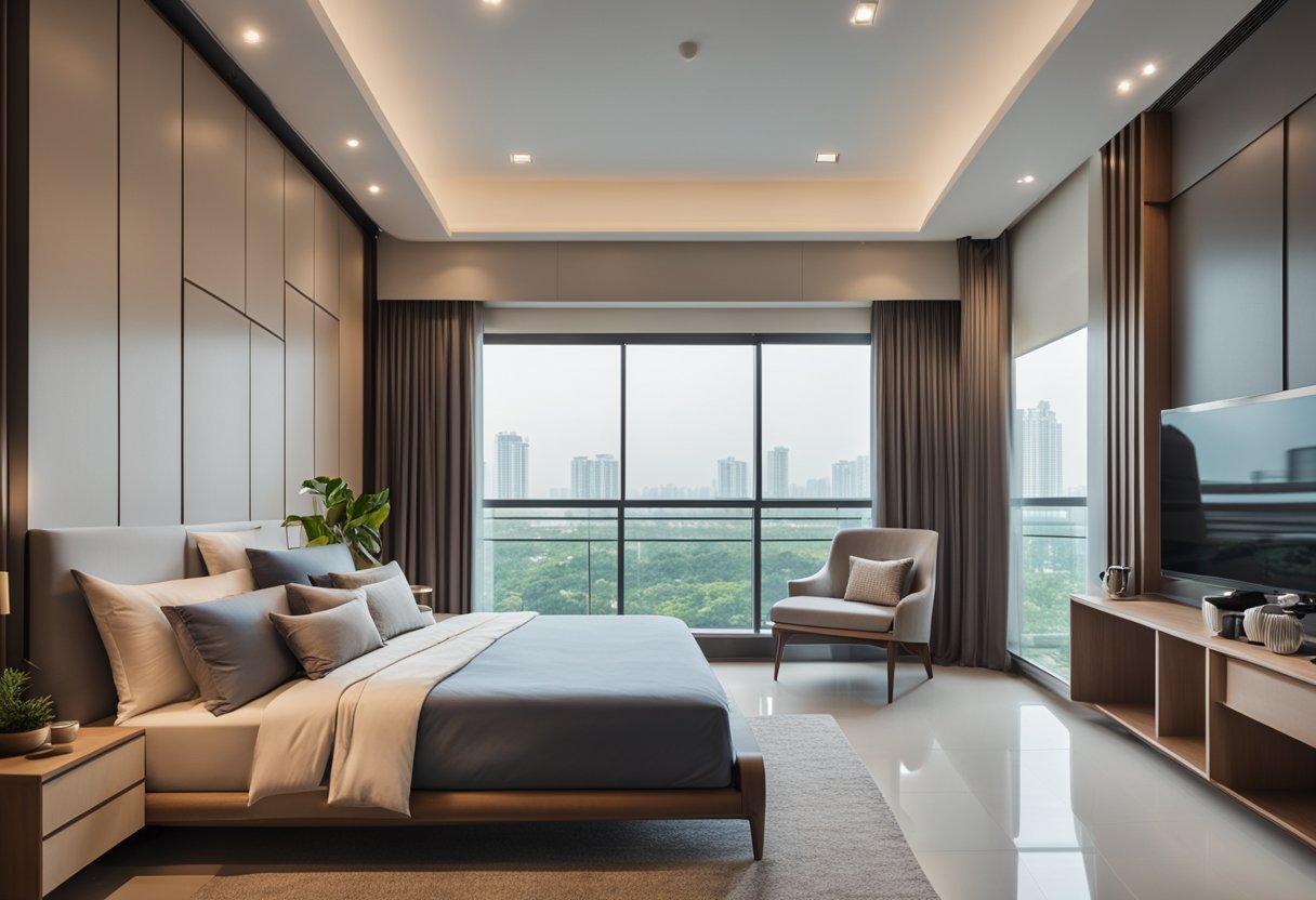 A spacious HDB master bedroom with a modern design, featuring a cozy bed, stylish furniture, and large windows with a view