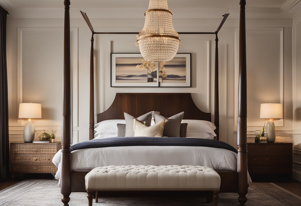 A cozy, symmetrical bedroom layout with a four-poster bed, matching bedside tables, and a vintage rug underfoot. Classic sconces adorn the walls, casting a warm, inviting glow