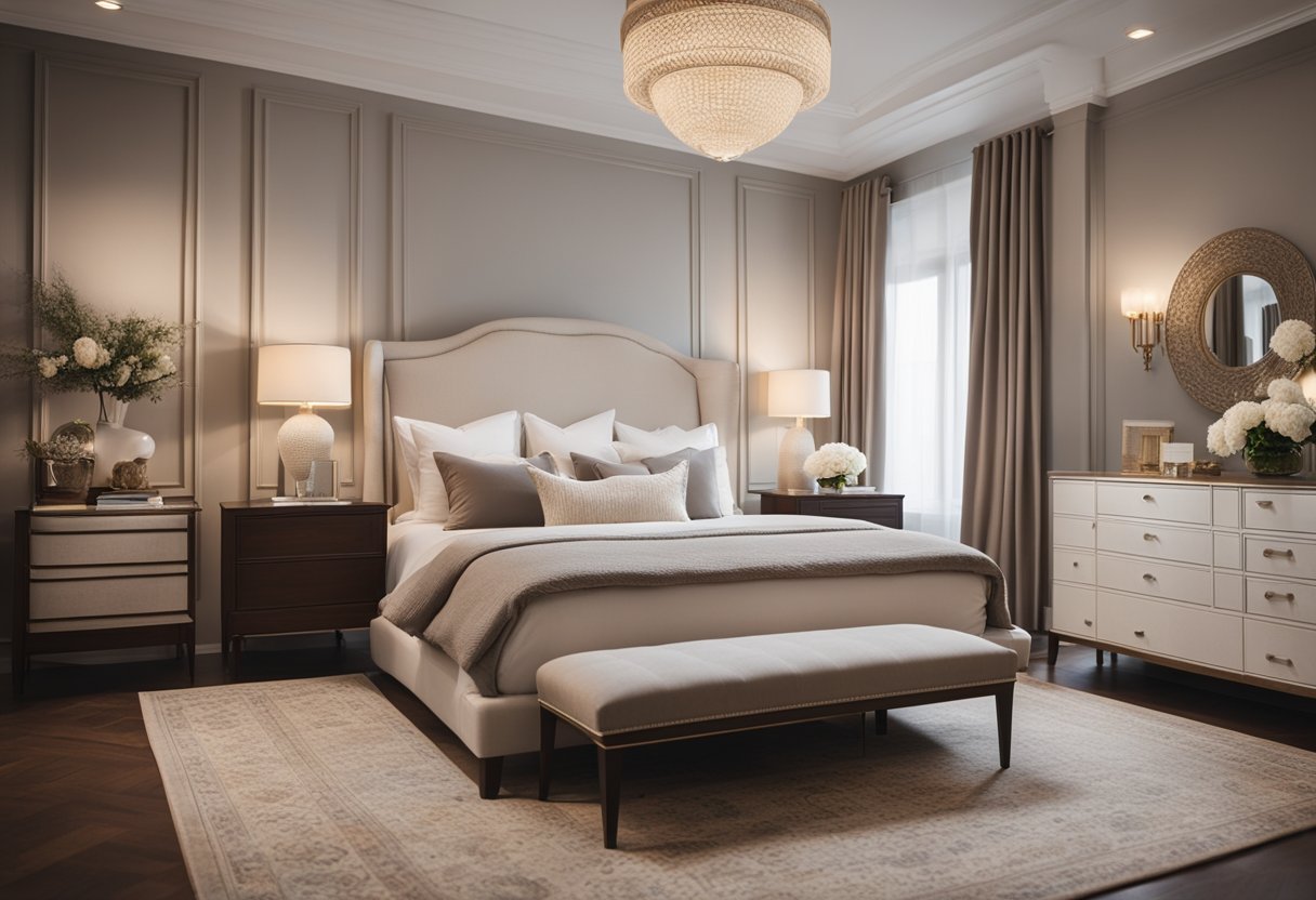 A classic bedroom with a neutral color palette, elegant furniture, and soft lighting. A cozy bed with crisp linens, a vintage rug, and decorative wall art complete the timeless design