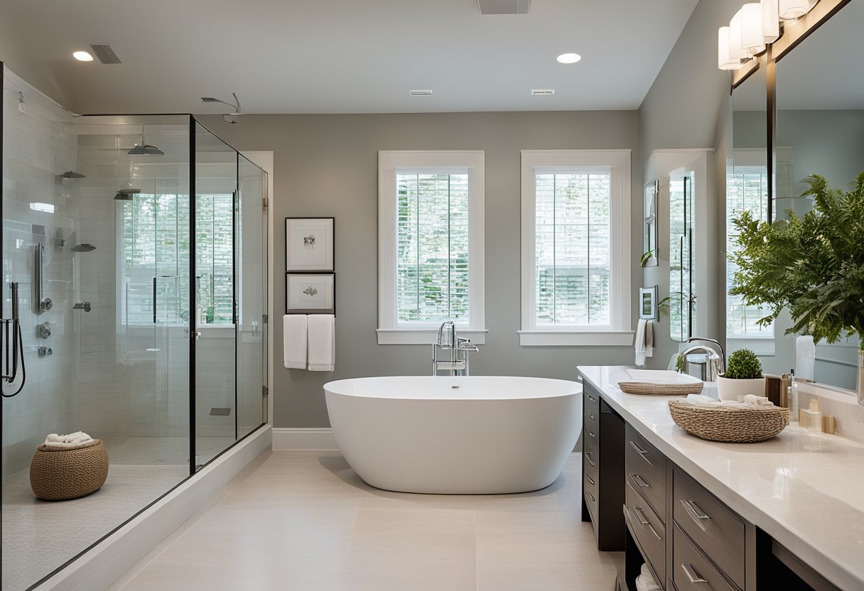 A spacious master bathroom with a modern freestanding tub, double vanity sinks, a large walk-in shower, and natural light streaming in from a window