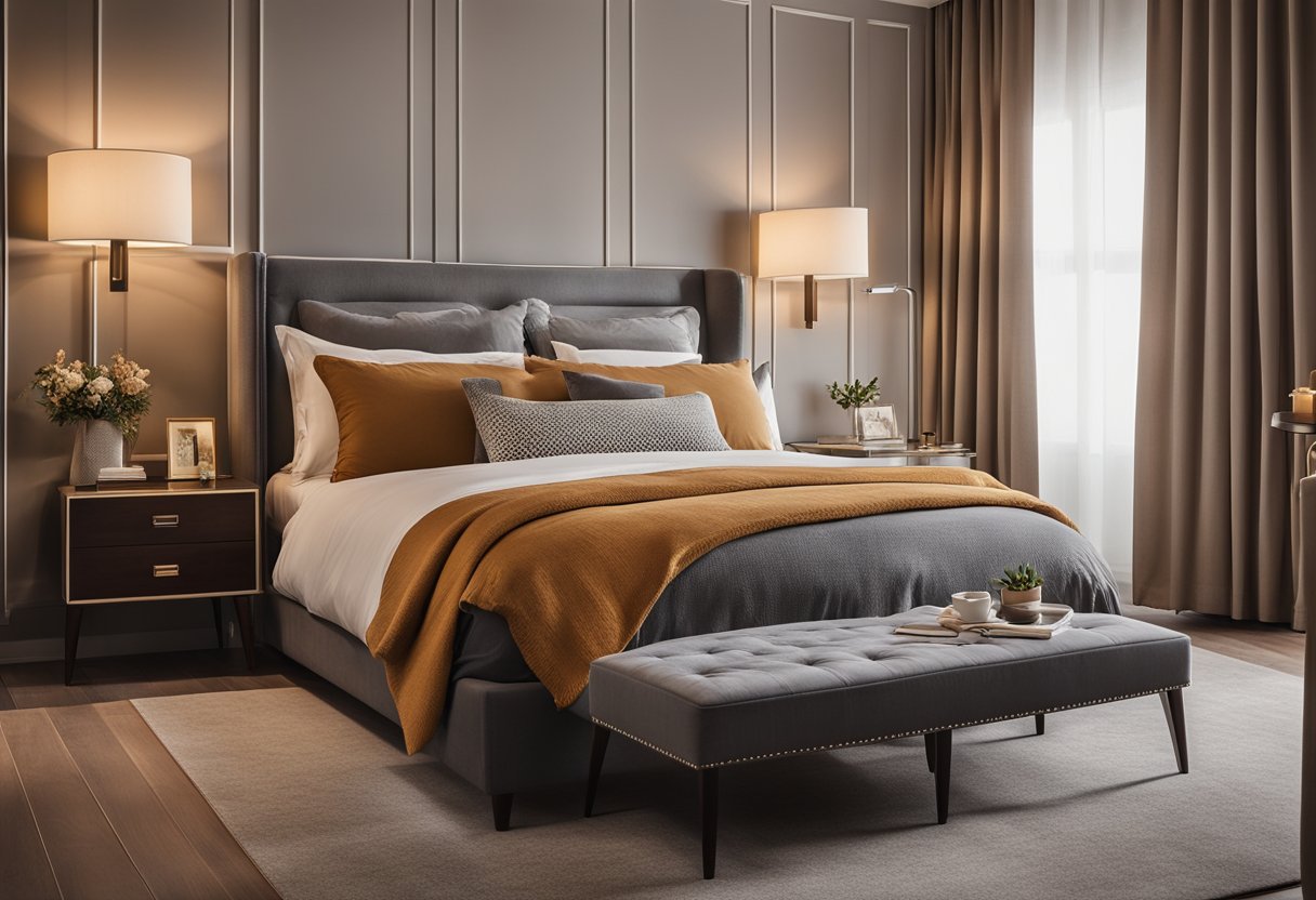A cozy bedroom with a large, plush bed, soft lighting, and a warm color scheme. The room features a stylish dresser, a comfortable armchair, and decorative wall art