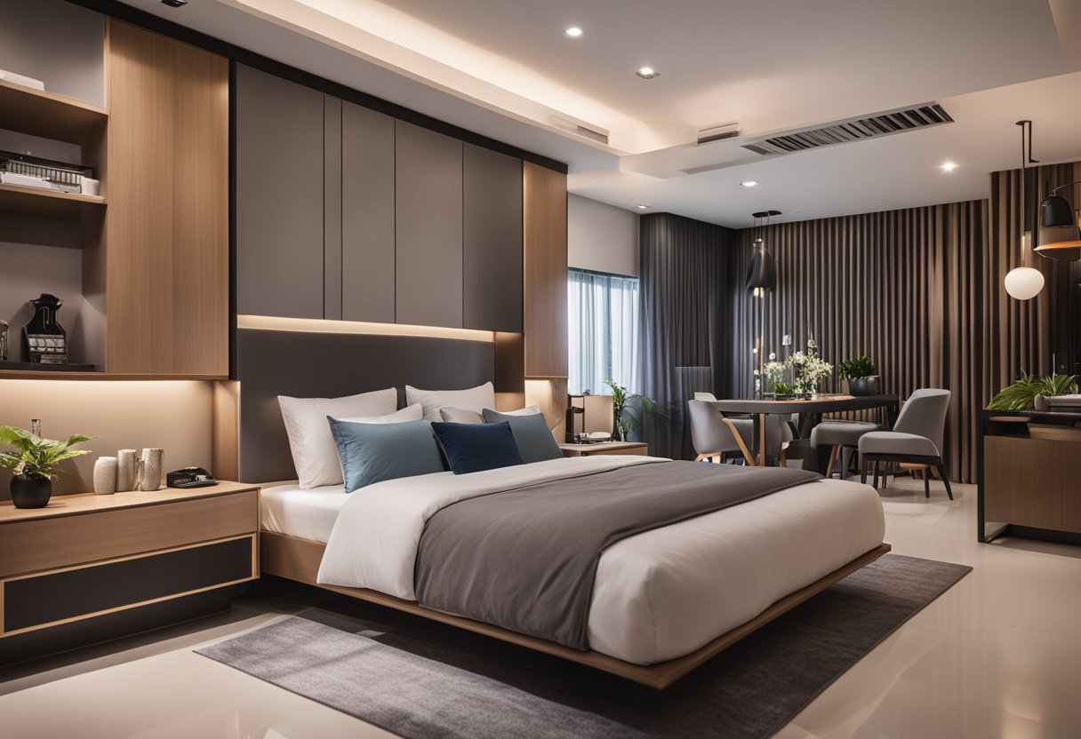 A spacious HDB master bedroom with a sleek, modern design, featuring a cozy bed, stylish furniture, and functional storage solutions