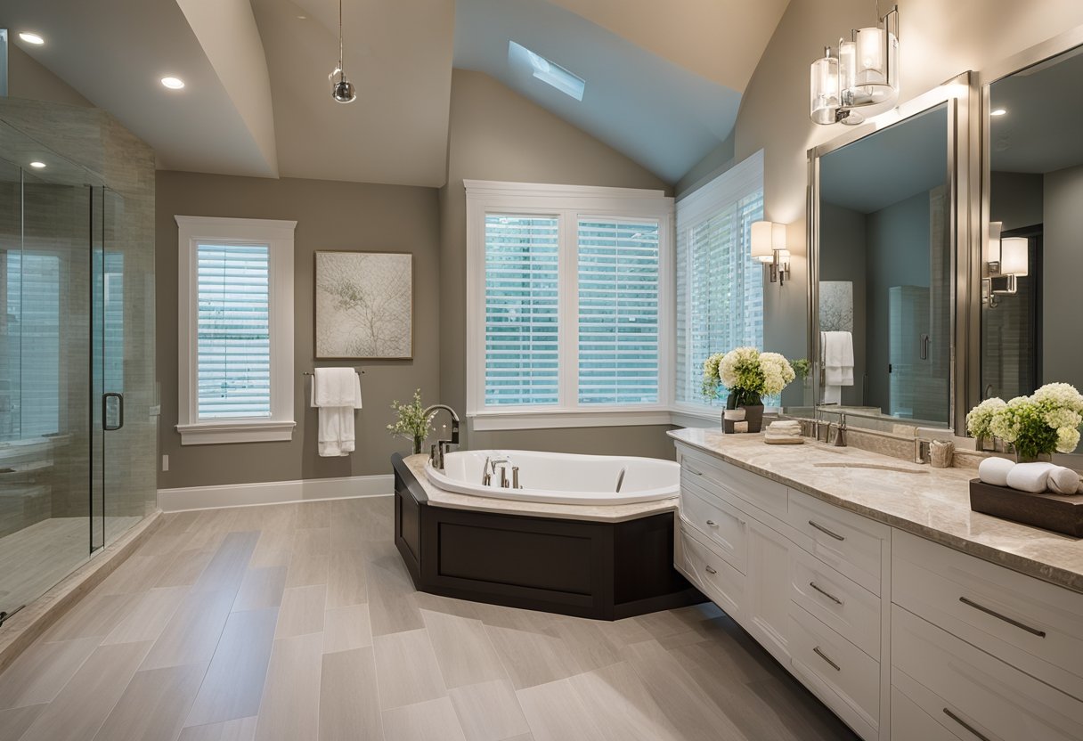 A spacious master bedroom bathroom with modern fixtures and elegant features, including a double vanity, a walk-in shower, and a luxurious soaking tub