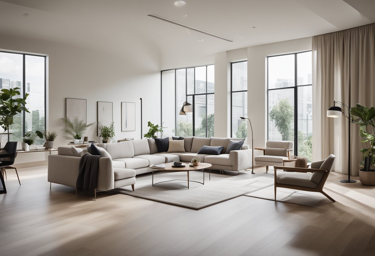 A spacious, modern living room with a neutral color palette, large windows letting in natural light, and minimalist furniture arranged in a clean and open layout