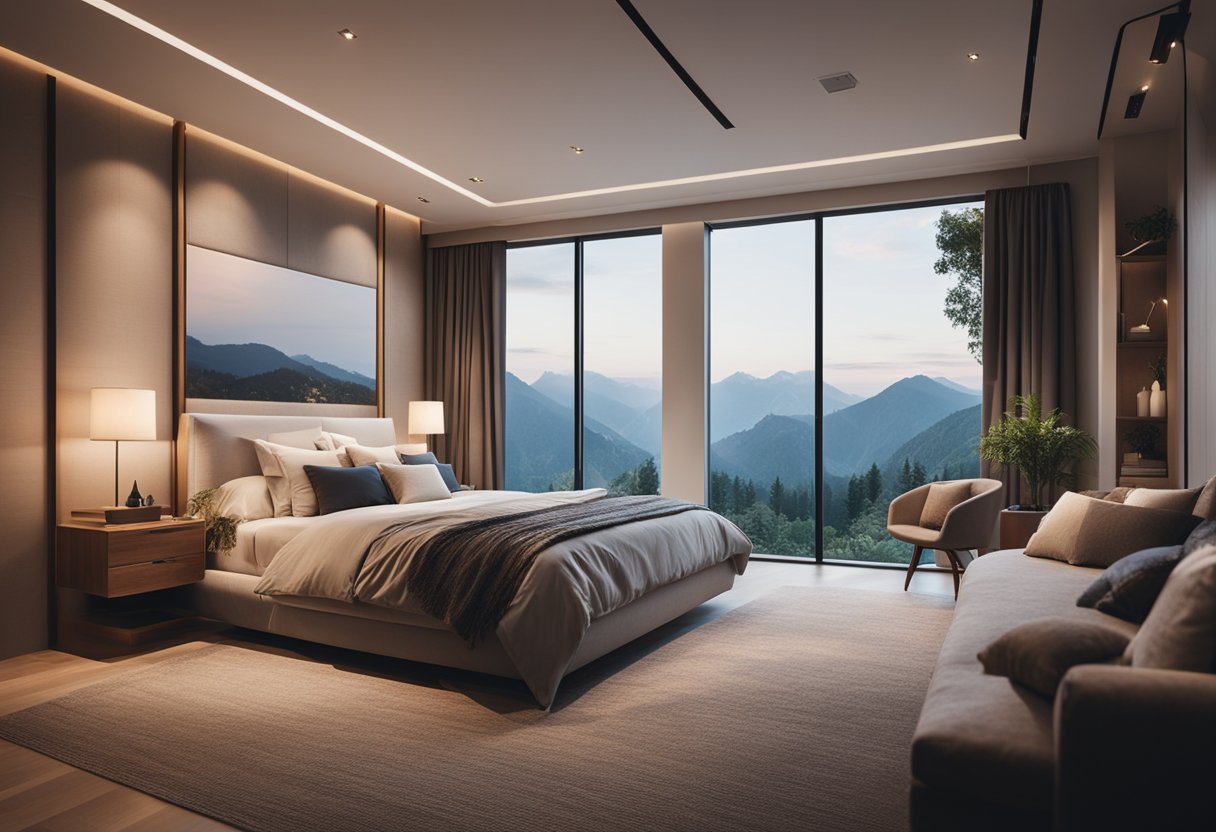 A cozy bedroom with a large, plush bed, soft lighting, and a view of the outdoors through a large window