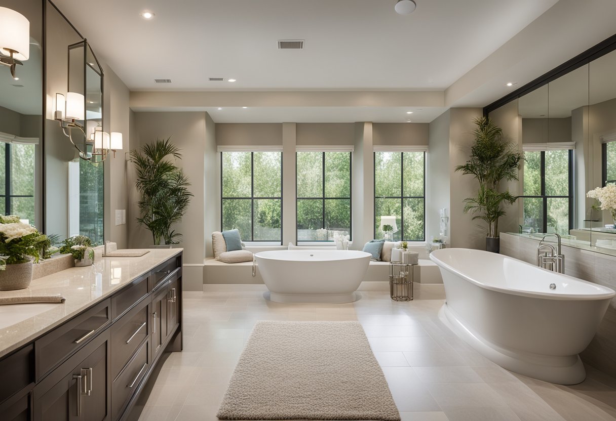 A spacious master bedroom bathroom with modern fixtures and a neutral color palette, featuring a large soaking tub, separate glass-enclosed shower, and dual vanity sinks